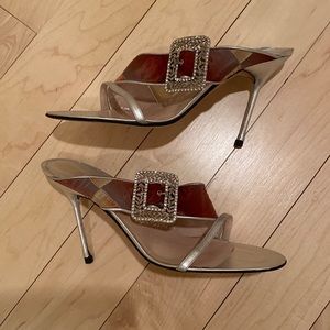 Gianni Milanesi Women’s Rhinestone Buckle Silk and Silver Evening Shoes